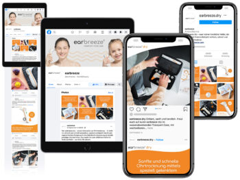 Verschiedene Screens, die den Earbreeze Social Media Auftritt zeigen