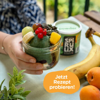 Joghurt mit buntem Obst und Spirulix Pulver