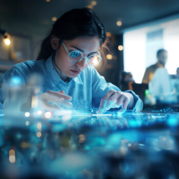 Frau mit Brille arbeitet an futuristischem Screen