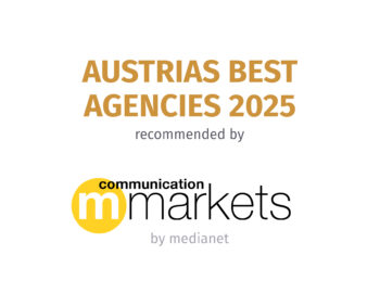 Textgrafik mit den „Besten Agenturen Österreichs 2025“ – empfohlen von Kommunikationsmärkten, wobei das „m“ in Märkten in einem gelben Kreis steht – hebt die Spitzenleistungen von Agenturen und Digitalagenturen hervor, die von medianet anerkannt wurden.