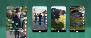 Auf vier Smartphone-Bildschirmen werden TikTok-Videos gezeigt, die junge Menschen im Freien zeigen. Überlagert werden sie mit deutschem Text zum Barrierefreiheitsgesetz und Herzsymbolen vor einem blaugrünen Hintergrund. Jeder Bildschirm zeigt verschiedene Aktivitäten wie Spazierengehen und die Natur erkunden.