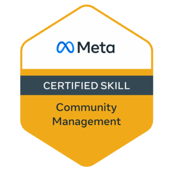 Ein sechseckiges Abzeichen mit dem Meta-Logo, dem Text CERTIFIED SKILL und Community Management auf weißem und orangefarbenem Hintergrund.
