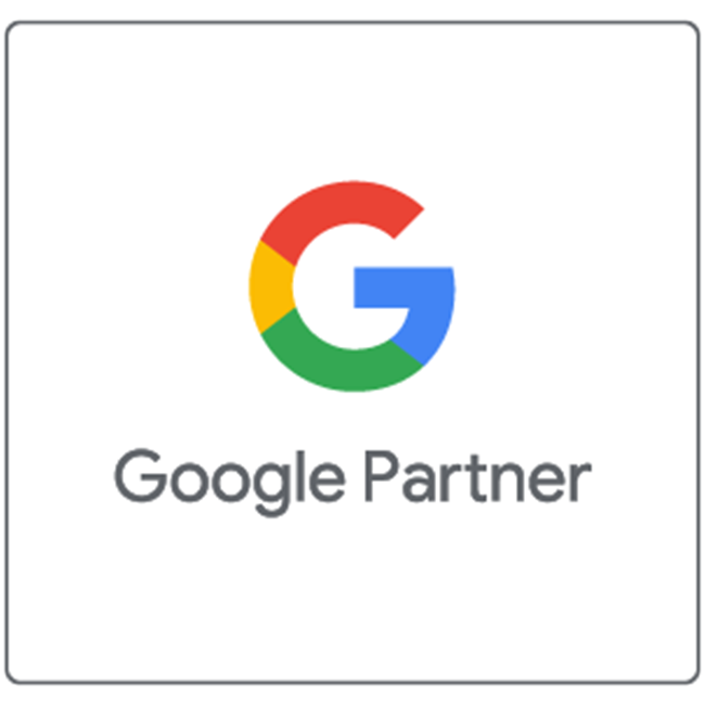 Google Partner-Abzeichen mit einem mehrfarbigen G-Logo über den Worten „Google Partner“ auf weißem Hintergrund mit dünnem grauen Rand.