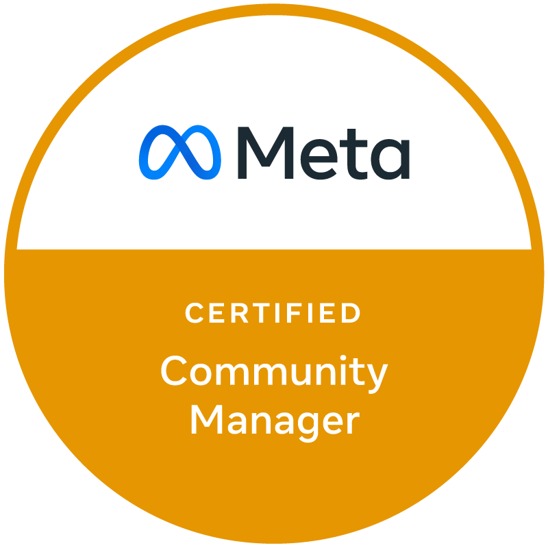 Ein rundes Abzeichen mit dem Meta-Logo und dem Wort „Meta“ oben und „Certified Community Manager“ in Weiß auf orangefarbenem Hintergrund unten.