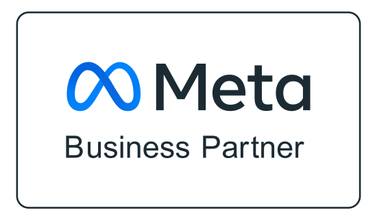Meta Business Partner-Abzeichen mit dem Meta-Logo, einem blauen Unendlichkeitssymbol neben dem Wort „Meta“, darunter steht „Business Partner“ auf weißem Hintergrund.
