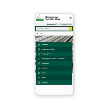 Mobiler Screenshot des Onlineshops für Bewässerungstechnik des Raiffeisen Lagerhaus Marchfeld mit Suchleiste, Warenkorb und Menü mit Kategorien wie Pumpen, Hydranten, Regner, Schläuche und Zubehör.