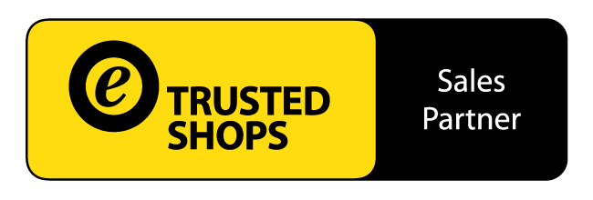 Ein rechteckiges Badge mit einer gelben linken Seite, die ein schwarzes „e“ in einem Kreis und den Schriftzug „TRUSTED SHOPS“ zeigt. Auf der schwarzen rechten Seite ist in Weiß der Text „Sales Partner“ zu sehen.