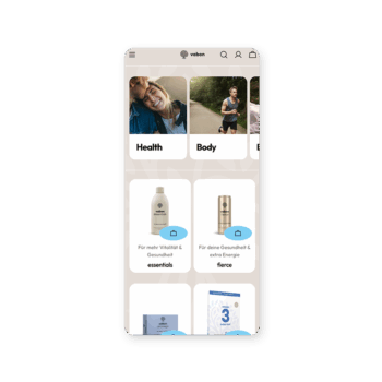 Ein Smartphone-Bildschirm zeigt die Guardi-Wellness-App mit Kategorien wie 