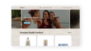 Screenshot einer Website für Gesundheitsprodukte mit drei lächelnden Frauen, die sich im Freien umarmen, einem 