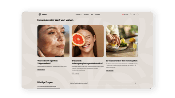 Ein Abschnitt der Website zeigt drei Guardi-Artikel mit Bildern: eine Frau, die sich das Gesicht eincremt, eine Frau, die lächelnd eine Grapefruitscheibe hält, und Hände, die Zitronensaft auspressen. Die Titel der Artikel und kurze Beschreibungen stehen unter jedem Bild.