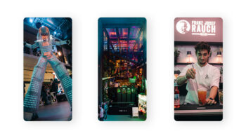 Drei vertikale Fotos von Alles für den Gast: ein Darsteller in einem Roboterkostüm auf Stelzen, eine belebte Markthalle mit bunten Lichtern und ein Barkeeper, der am Tresen des